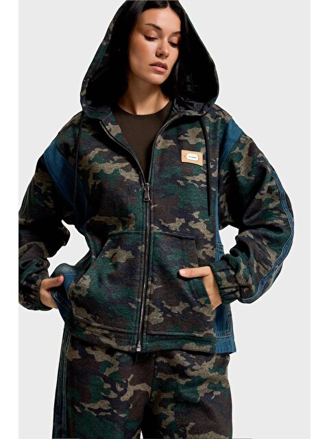 It's Basic Kadın Kamuflaj Denim Karışımlı Bol Kesim Kapüşonlu Özel Tasarım Mont Ceket - S000486888-19413