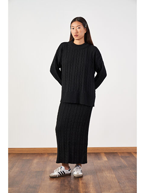 Mevra Saç Örgü Oversize Kazak Uzun Etek Triko Takımı Siyah - S000506954-19351