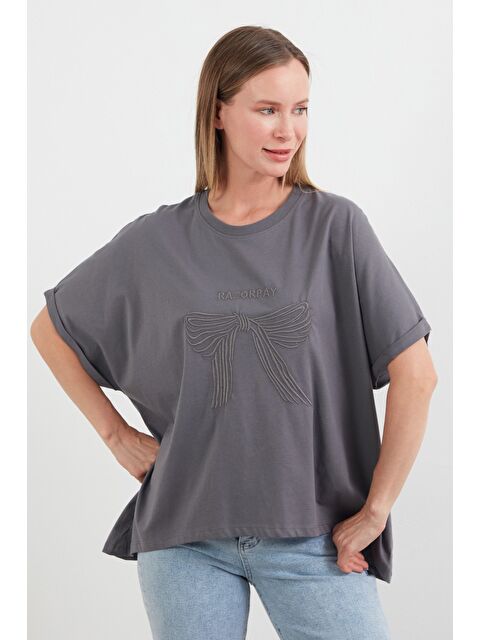 Fullamoda Yazı Ve Fiyonk Nakışlı Oversize Tişört - S000380978-29666