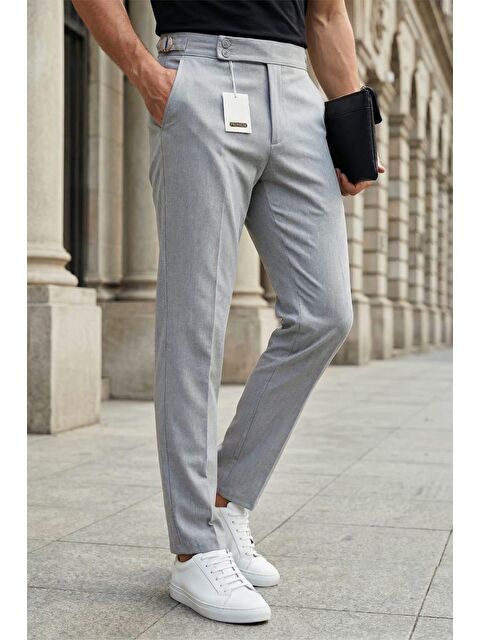 Oksit Gurkha Stil Yan Ayarlı Metal Tokalı Slim Fit Erkek Kumaş Pantolon Özel Kesim Kruvaze Bel