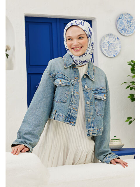 Fresh Scarfs Summer Vibes Desen Pamuk Vual Eşarp Mavi - S000423154-17234