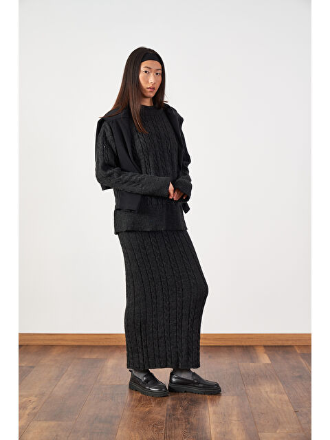 Mevra Saç Örgü Oversize Kazak Uzun Etek Triko Takımı Antrasit - S000506957-29666