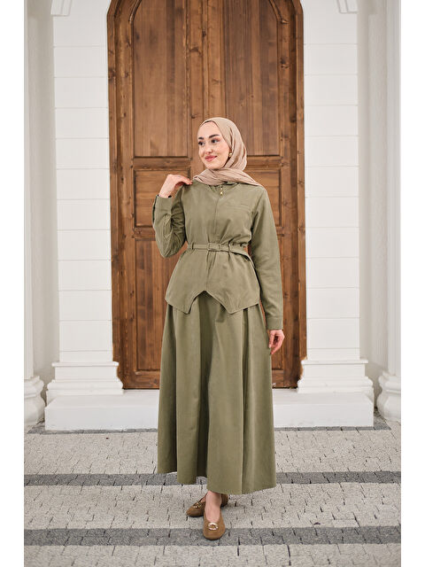 Locco Moda Kadın Cep Detay Fermuarlı Kemer Bağlamalı Etekli Takım Küf Yeşil - S000526977-7484