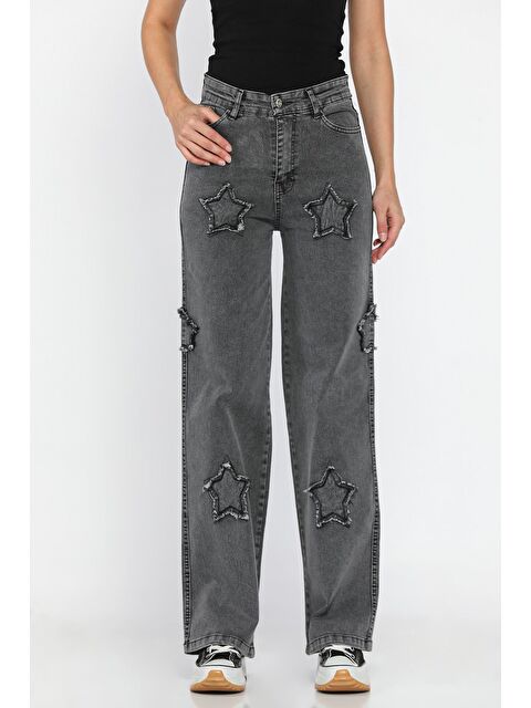 Gülseli Kadın Yüksek Bel Yıldız Figürlü Elastanlı Palazzo Jean Pantolon - S000445209-29666