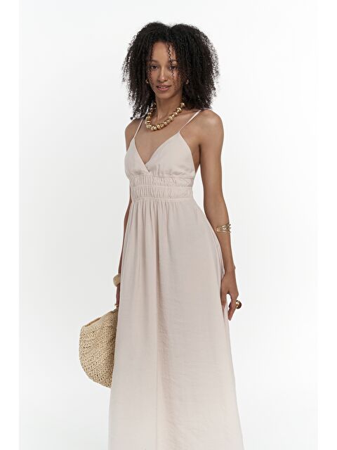 Mai Collection Alessia Büzgü Detay Askılı Uzun Bej Elbise - S000375870-19928