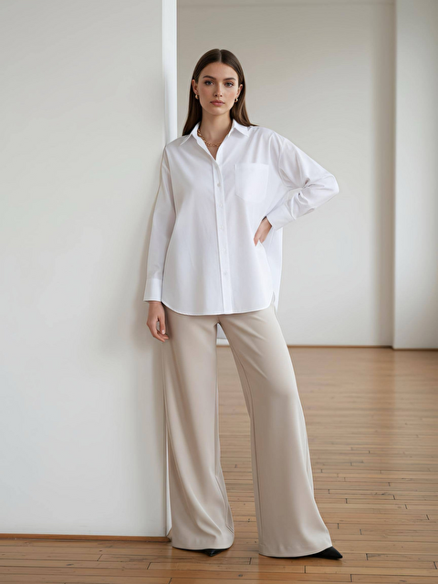 Pera Moda Oversize Arkası Uzun Önü Kısa Poplin Gömlek