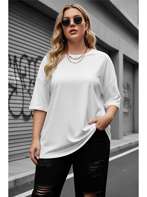 Oksit Mily Kadın Büyük Beden Battal Basic Bisiklet Yaka Pamuklu T-Shirt Rahat Kesim Unisex Sevgili Kombini - S000503992-20063