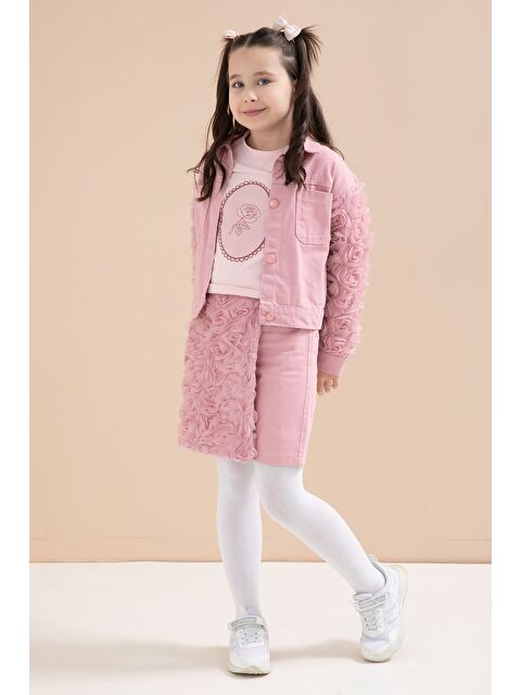 Cansın Mini Gül Kurusu Gül Detaylı Şort Etekli ve Ceketli Kız Çocuk 3lü Badili Takım 23612 - S000510902-20028