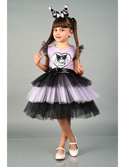 Magu Kız Çocuk Pamuklu Lila-Siyah Karakter Figürlü Payetli Kat Kat Tüllü Elbise - Saten Kemer Fiyonk - S000494641-23173