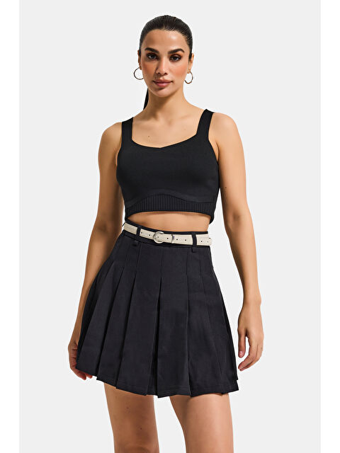 It's Basic Kadın Siyah w5 Kemerli Pileli Organik Pamuk Kumaş İçi Şortlu Mini Etek