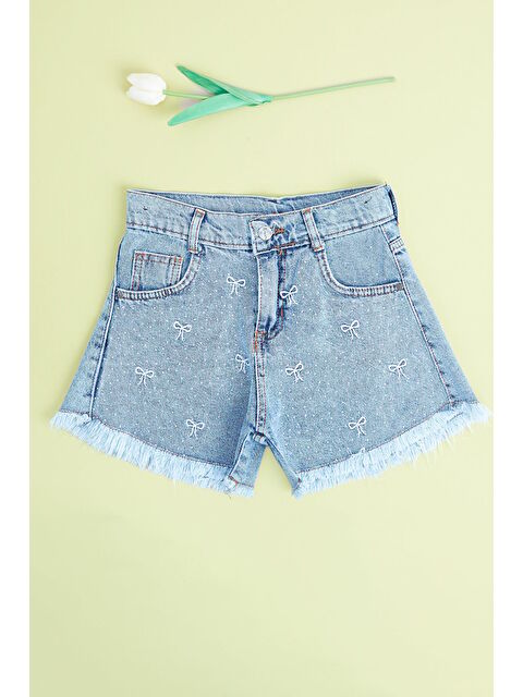 Fullamoda Taşlı Fiyonk Nakışlı Beli Ayarlanabilir Kız Çocuk Şort - S000532074-8826