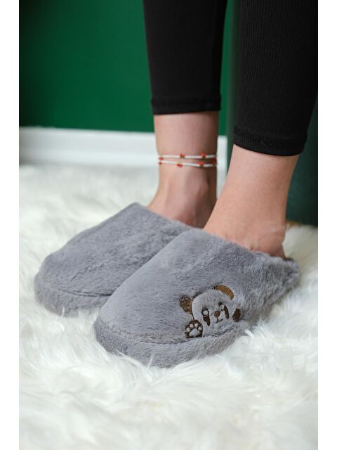 Oksit Panda Nakışlı Kadın Ev Terliği Pelüş Terlik Çeyiz ve Bohça Terliği Ses Yapmaz Kalın Taban - S000436899-20600