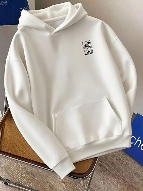 Trendseninle Beyaz Happy Hour Baskılı Kapüşonlu Oversize Sweatshirt - S000487110-20063