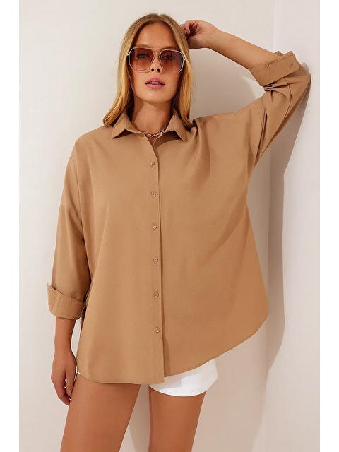 Comstar Kadın Oversize Uzun Basic Camel Gömlek