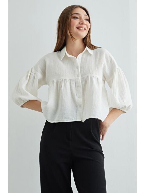 Fullamoda Balon Kol Salaş Müslin Kumaş Gömlek - S000503996-19965