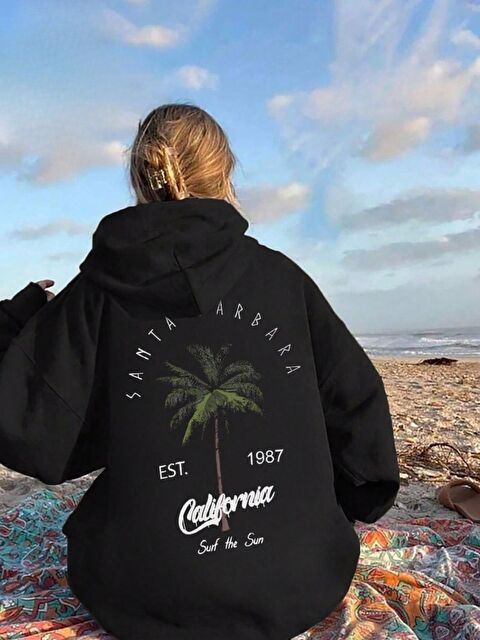 Trendseninle Siyah Santa Barbara Baskılı Kapüşonlu Oversize Sweatshirt - S000487111-19351