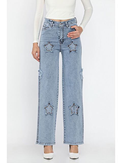 Gülseli Kadın Yüksek Bel Yıldız Figürlü Elastanlı Palazzo Jean Pantolon - S000445209-3642