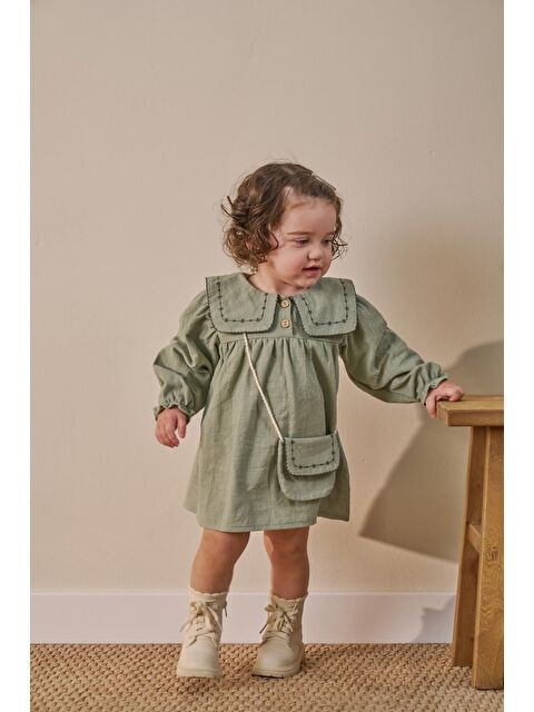 Magu Kız Çocuk Pamuklu Adaçayı Yeşili Nakışlı Yaka Elbise Takım - Çantalı - S000494644-18194