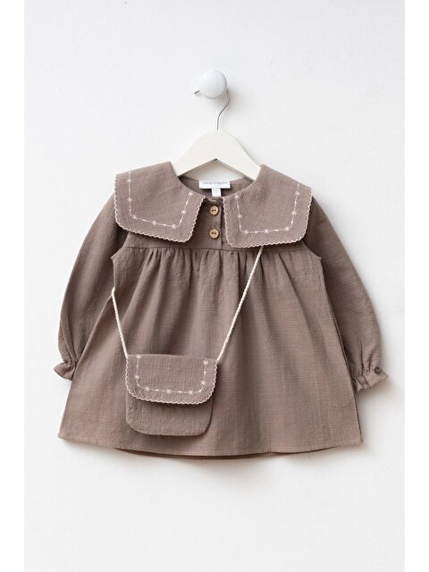 Magu Kız Çocuk Pamuklu Adaçayı Kahverengi Nakışlı Yaka Elbise Takım - Çantalı - S000494645-19413