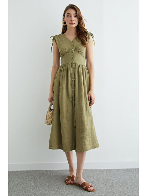 Fullamoda Omuz Bağcıklı Düğmeli Müslin Elbise - S000503997-18547