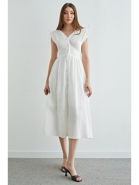 Fullamoda Omuz Bağcıklı Düğmeli Müslin Elbise - S000503997-20063