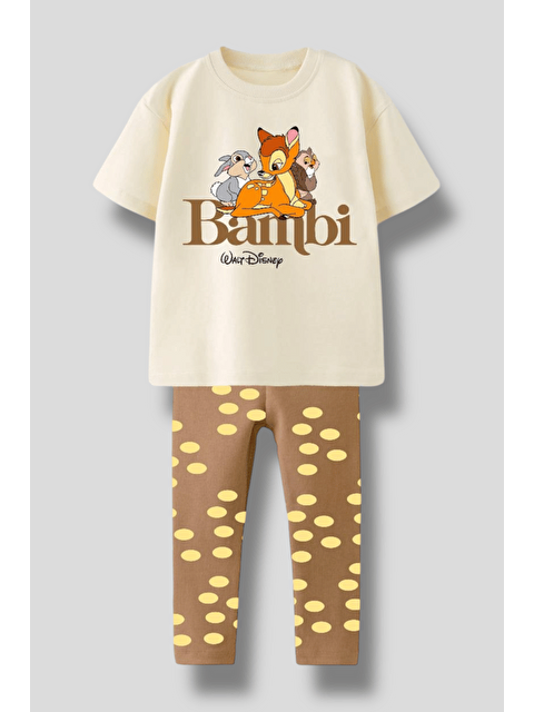 Magu Unisex Çocuk Pamuklu Ekru Geyik Baskılı Tişört Tayt Takım