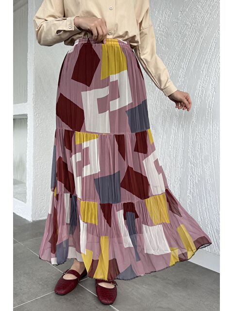 Julude Bel Lastikli Desenli Şifon Tesettür Etek