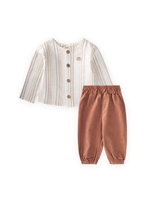 CİGİT Kadife Pantolonlu Gömlek Takım 0-4 Yaş Ekru - S000530695-19965