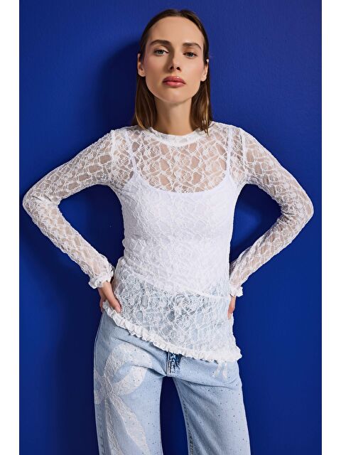 It's Basic Kadın Beyaz w5 Asimetrik Kesim Özel Örgü Dantel Tasarım Transparan Yazlık Triko - S000530099-20063