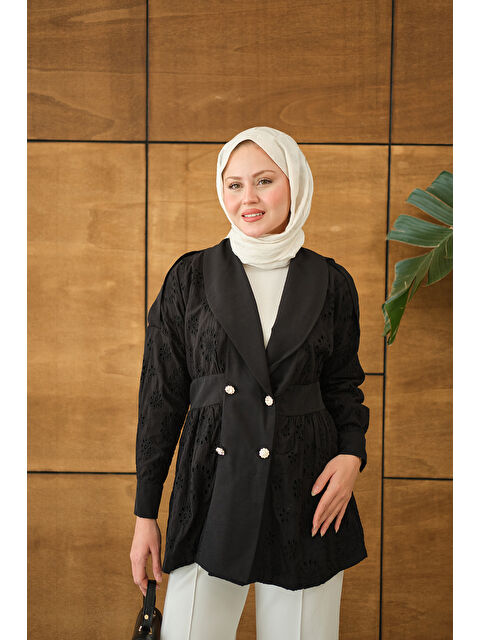 Locco Moda Kadın Kruvaze Yaka Brode Detaylı Apoletli Ceket Siyah