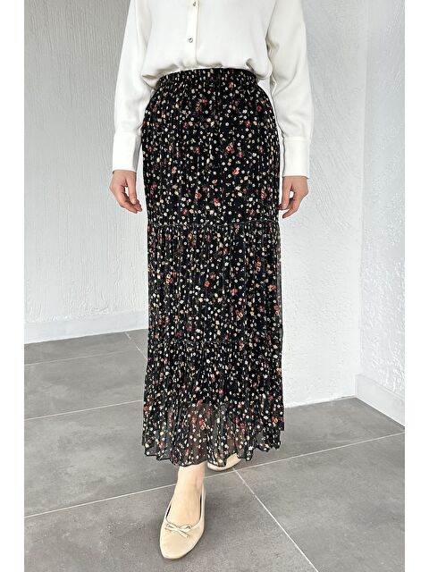 Julude Bel Lastikli Desenli Şifon Tesettür Etek