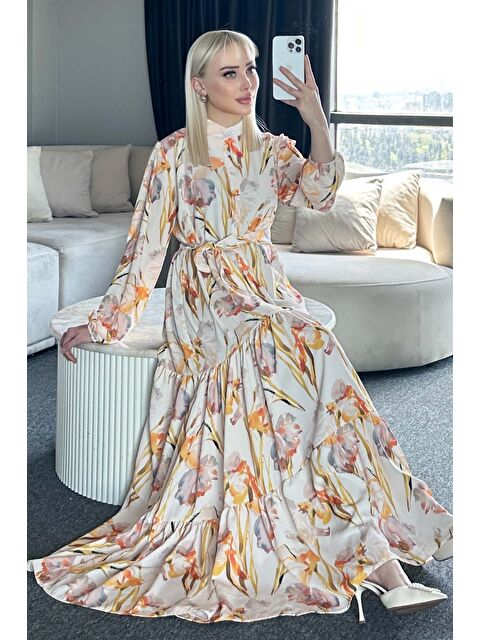 Bigdart Kadın Desenli Uzun Tesettür Elbise 2586 - Sarı - S000491203-20072