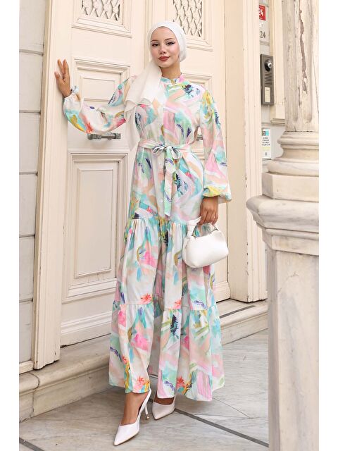 Bigdart Kadın Desenli Uzun Tesettür Elbise 2586 - Turkuaz - S000491203-20055