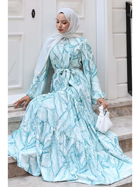 Bigdart Kadın Desenli Uzun Tesettür Elbise 2586 - Yeşil - S000491203-18194