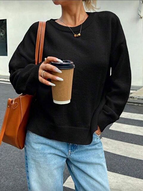 Trendseninle Siyah Yumuşak Dokulu Geniş Kalıp Triko Kalın Kazak - S000503200-19351