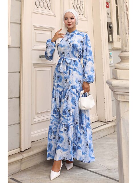 Bigdart Kadın Desenli Uzun Tesettür Elbise 2586 - Mavi - S000491203-17234