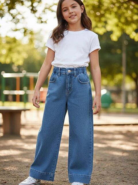 A.S.L GOLF CLUB Kız Çocuk Elastanlı Mavi Mid Rise Metalik Cuffed Baggy Jean Pantolon (5-16 yaş) - S000498271-17234