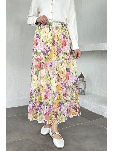 Julude Bel Lastikli Desenli Şifon Tesettür Etek