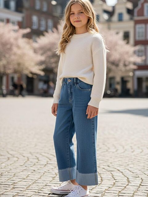 A.S.L GOLF CLUB Kız Çocuk Açık Mavi Mid Rise Metalik Cuffed Baggy Jean Pantolon - S000498272-17437