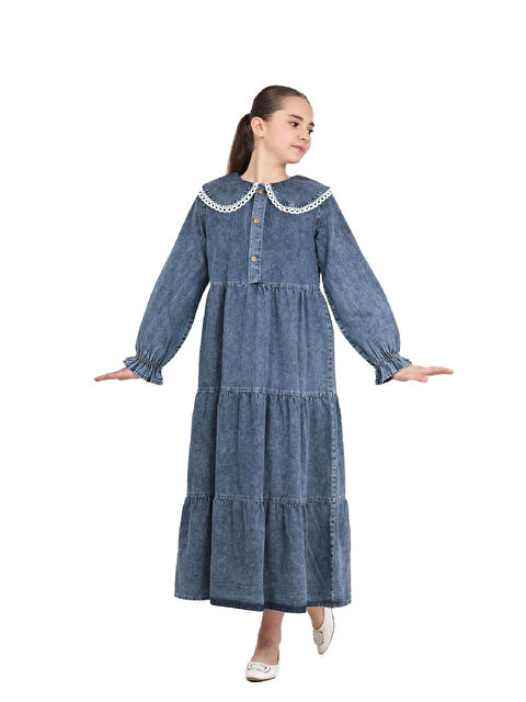 Modanino Kız Çocuk Geniş Yakalı ve Yaka Uçları Dantel Detaylı Uzun Jean Elbise 12468 - S000498273-17234
