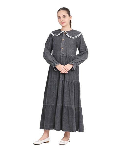 Modanino Kız Çocuk Geniş Yakalı ve Yaka Uçları Dantel Detaylı Uzun Jean Elbise 12468 - S000498273-19351