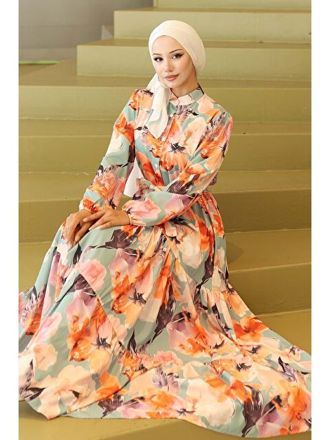 Bigdart Kadın Desenli Uzun Tesettür Elbise 2586 - Turuncu - S000491203-20013