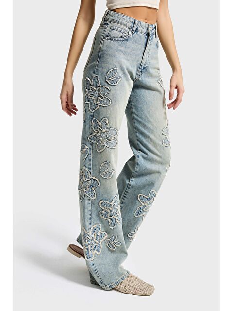 It's Basic Kadın Jean Rengi 4s6-67 Straight Fit Yüksek Bel Nakış Detaylı Özel Tasarım Denim Jean - S000487114-17234