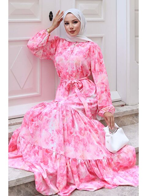 Bigdart Kadın Desenli Uzun Tesettür Elbise 2586 - Y.Pembe - S000491203-37389