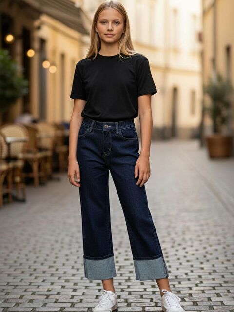 A.S.L GOLF CLUB Kız Çocuk Elastanlı Koyu Mavi Mid Rise Metalik Cuffed Baggy Jean Pantolon - S000498275-19393