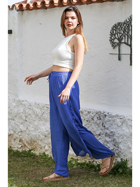 Chiccy Mavi İnce Astarlı Yanları Bağlamalı Lastikli Ve Bağlamalı Bel Geniş Paça Dokuma Pantolon 110 58 - S000367655-17234
