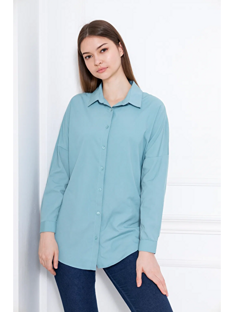 Comstar Kadın Oversize Uzun Basic Açık Mavi Gömlek