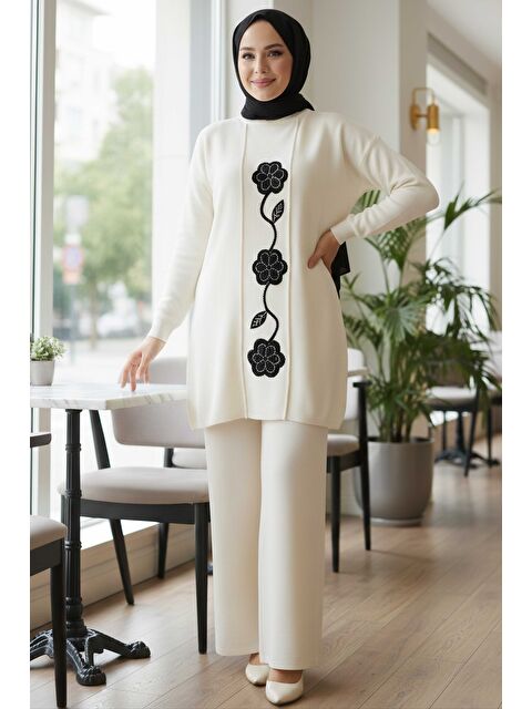 Tofisa Çiçek Pul Detaylı Triko İkili Takım Krem - 28126-KREM - S000495271-19966