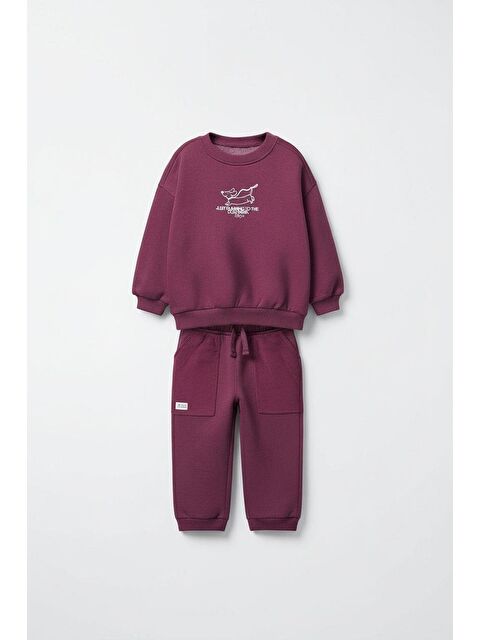 Magu Unisex Çocuk Pamuklu Mürdüm Köpek Baskılı Eşofman Takımı - Rahat Kesim, Cepli Alt - S000458511-23173