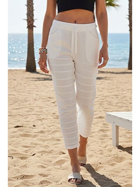 Chiccy Beyaz Cepli Yıkamalı Lastikli Ve Bağlamalı Bel Dar Paça Casual Dokuma Pantolon 99 60